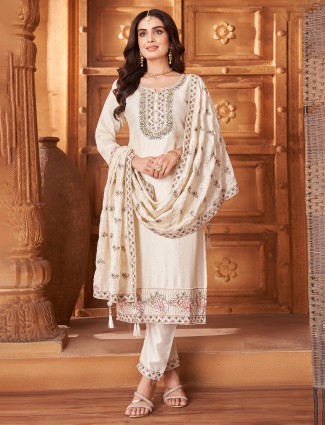 Cream resham enhanced silk salwar ensemble