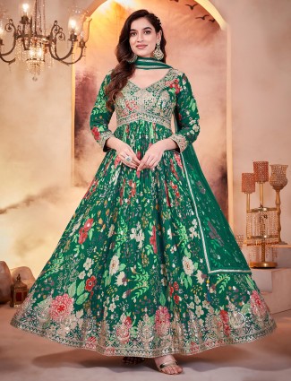 Green printed anarkali gown for traditional events