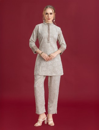 Grey silk co-ord set with beads for women