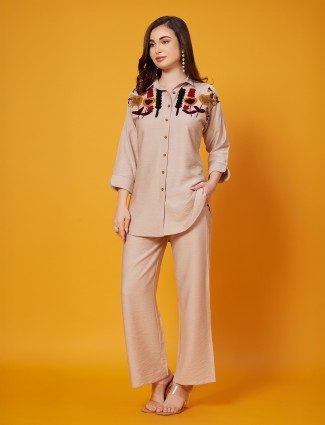 Light brown thread work co-ord set in silk