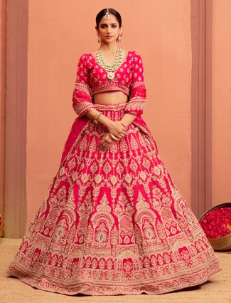Magenta raw silk wedding lehenga choli with blouse