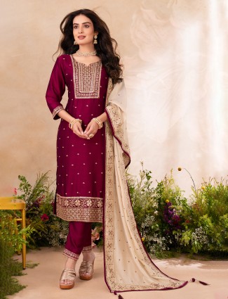 Maroon embellished silk festive salwar with sequin accents