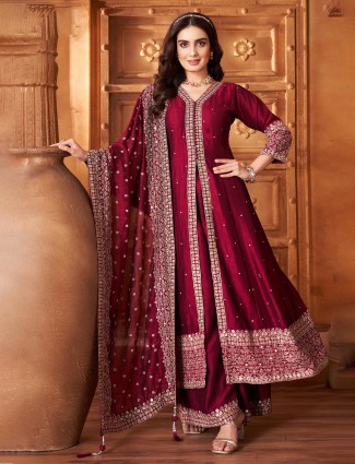Maroon palazzo dress with resham work in pakistani style
