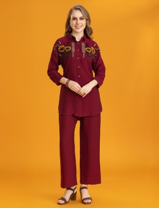 Classic maroon silk palazzo co-ord set with detailed thread designs