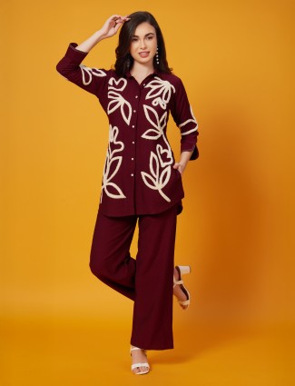 Maroon silk co-ord set with thread detailing