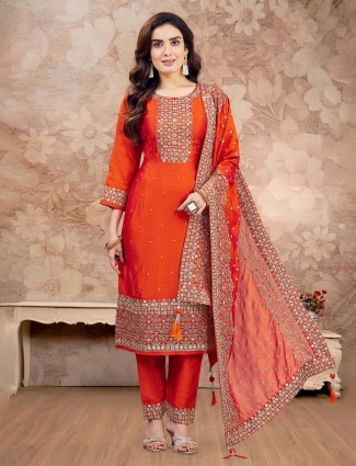 Orange resham embroidered silk salwar combination