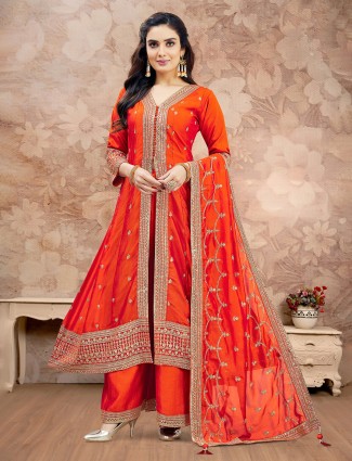 Orange silk pakistani suit with sequin embellishments