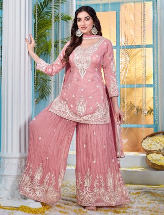 Peach chiffon pakistani style palazzo attire
