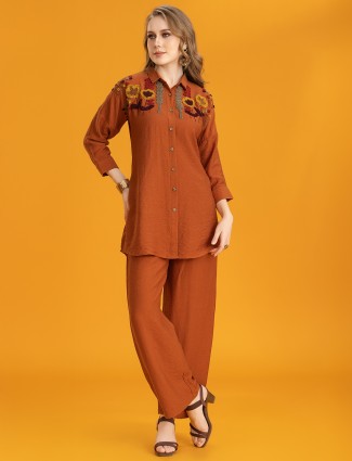 Stylish peach silk palazzo co-ord set with stand collar