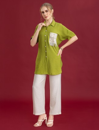 Pista green silk palazzo co-ord with detailed embroidery