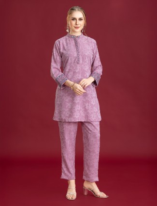 Purple silk printed pant co-ord with details