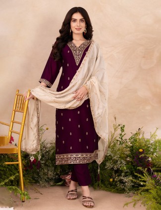 Purple resham silk salwar designed for festive events