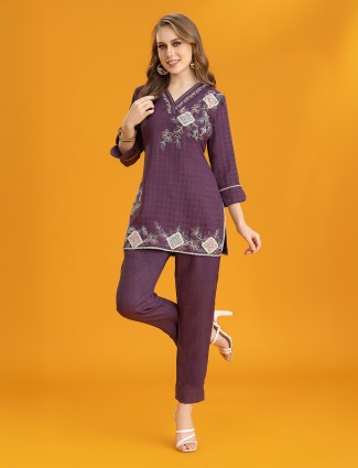 Purple silk co-ord set with quarter sleeves