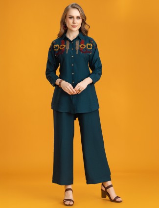 Rama blue silk palazzo co-ord set with artistic thread design
