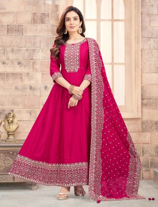 Rani pink anarkali style silk outfit for weddings