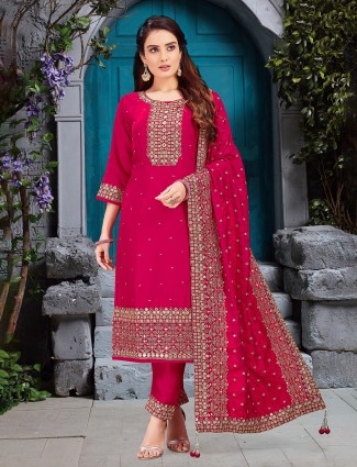 Rani pink silk salwar with resham embroidery highlights