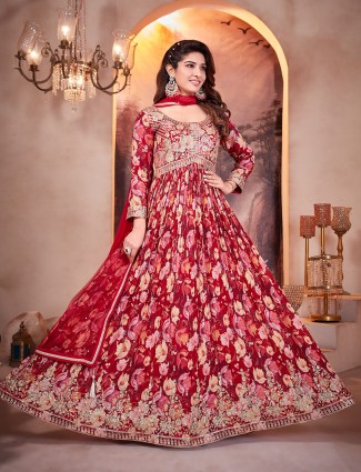 Red elegant silk anarkali ensemble for festive occasions