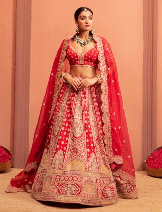 Red wedding lehenga choli with designer blouse
