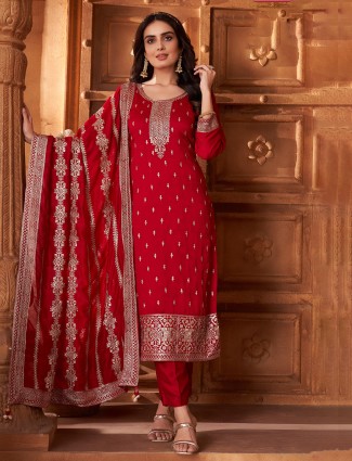 Red silk salwar suit with rich resham embroidery
