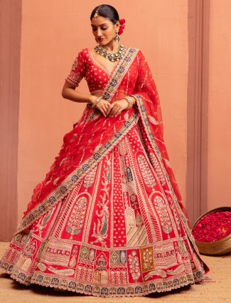 Red raw silk lehenga choli for bridal celebrations