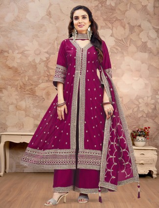 Wine pakistani silk palazzo dress with resham details