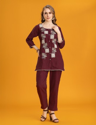 Wine silk co-ord set with thread accents