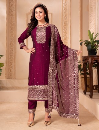 Wine silk salwar suit embroidered with resham thread