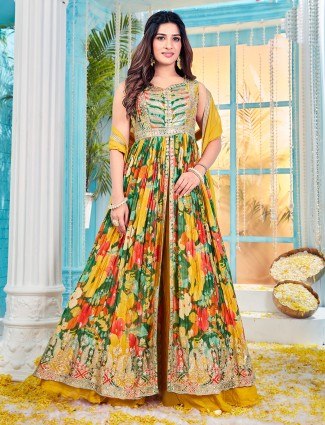 Yellow ethnic printed silk palazzo outfit for festivities
