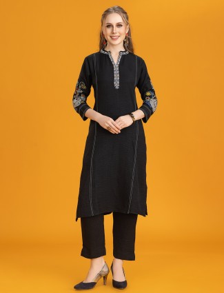 Black silk kurti and pant set with detailing