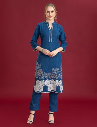 Blue silk pant kurti with fine thread artistry