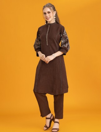 Brown silk kurti and pant set for women casual wear