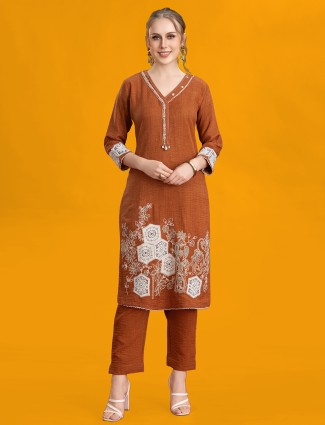 Brown silk pant set with cowrie shell embroidery