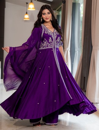 Dark purple silk palazzo suit with dupatta for women