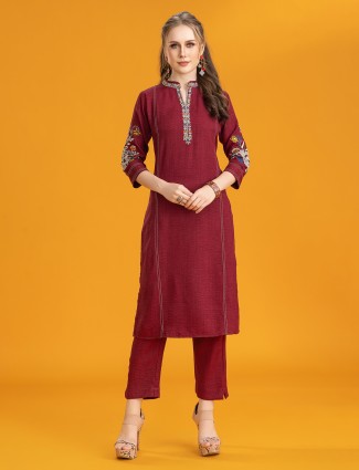 Maroon silk kurti set with quarter sleeves styling