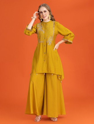 Mustard silk kurti set with unique embellishments