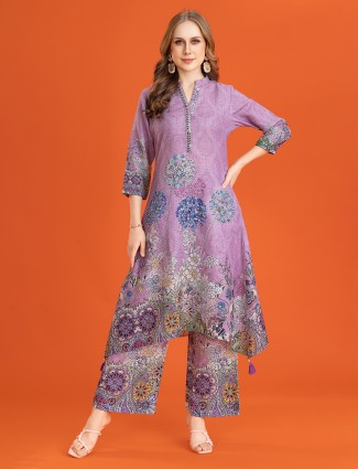 Pink silk palazzo set with printed aabla accents