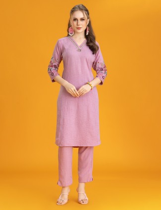 Designer pink silk kurti set with artistic details