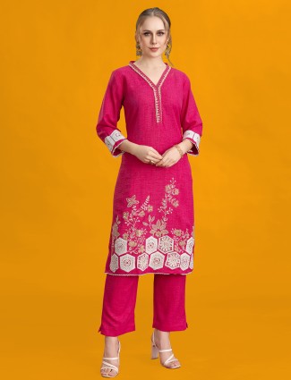 Pink silk pant kurti with V neck and thread detailing