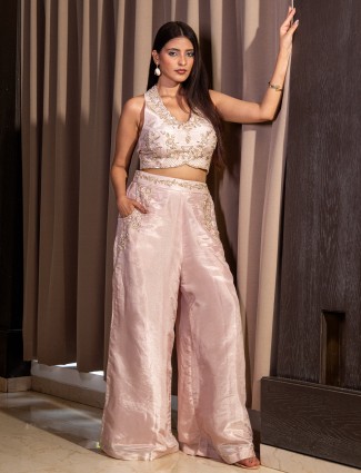 Pink silk palazzo suit with V neck