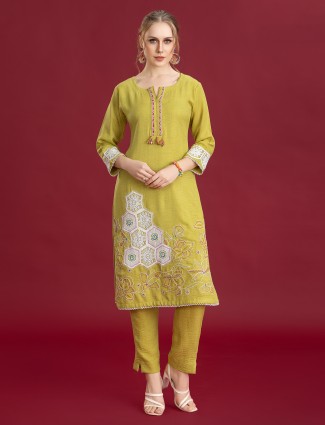 Pista green silk pant set with subtle embroidered finish