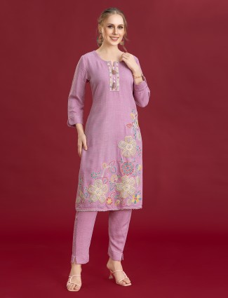 Purple silk pant with beaded and threaded highlights