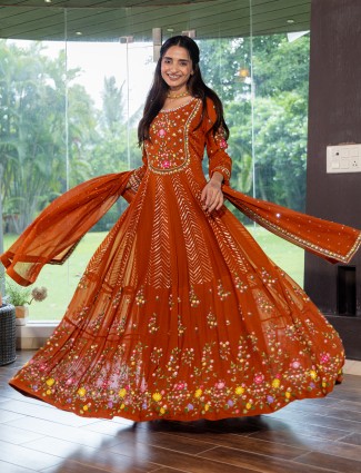 Rust orange georgette anarkali suit with dupatta