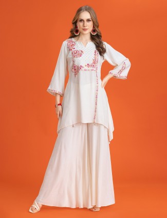 White silk sharara with mirror and thread embellishments