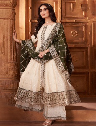 Cream silk palazzo suit with elegant dupatta