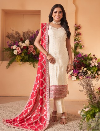 Cream straight cut silk suit with dupatta