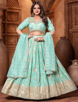 Refreshing mint blue silk lehenga for grand evenings