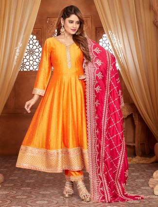 Orange pakistani wedding silk suit with dupatta