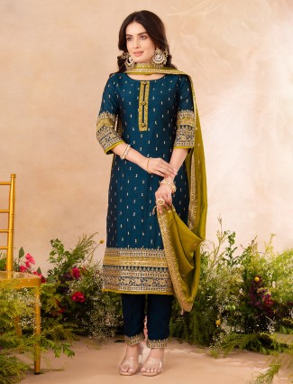 Rama blue pakistani suit in rich silk fabric