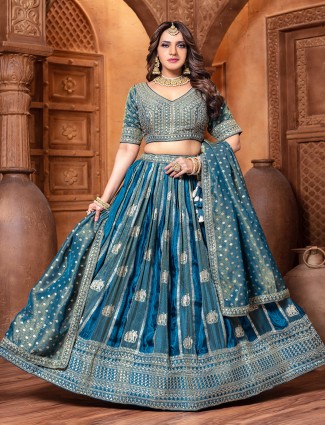 Chic rama blue silk outfit with woven zari
