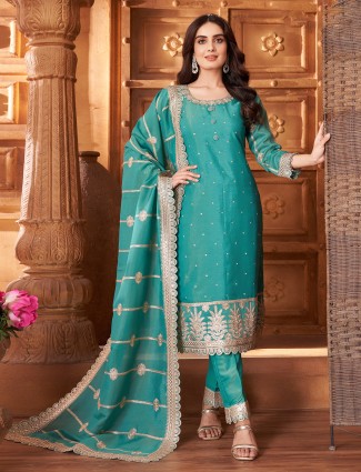 Sea green pakistani style silk suit ensemble